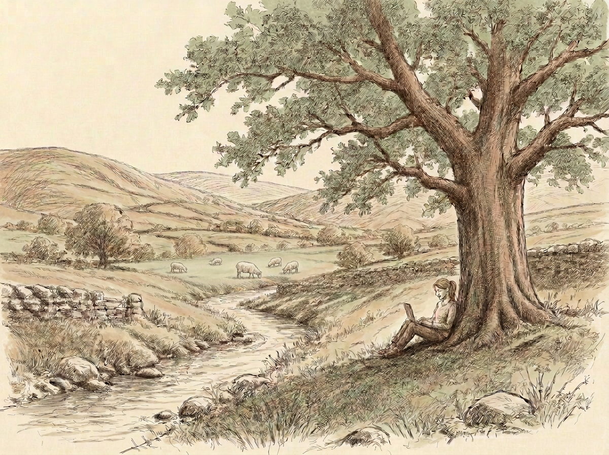 Pencil sketch of a woman working on a laptop beneath a large oak tree by a stream, with sheep grazing in the rolling English countryside