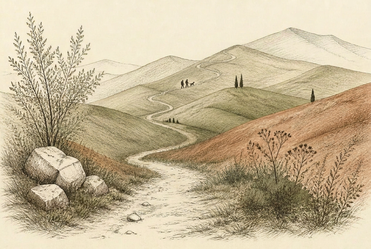 Pencil and watercolour sketch of rolling English hills with a winding path leading upward, tiny distant figures of two hikers and a dog continuing the climb, symbolising perseverance and overcoming life's hurdles